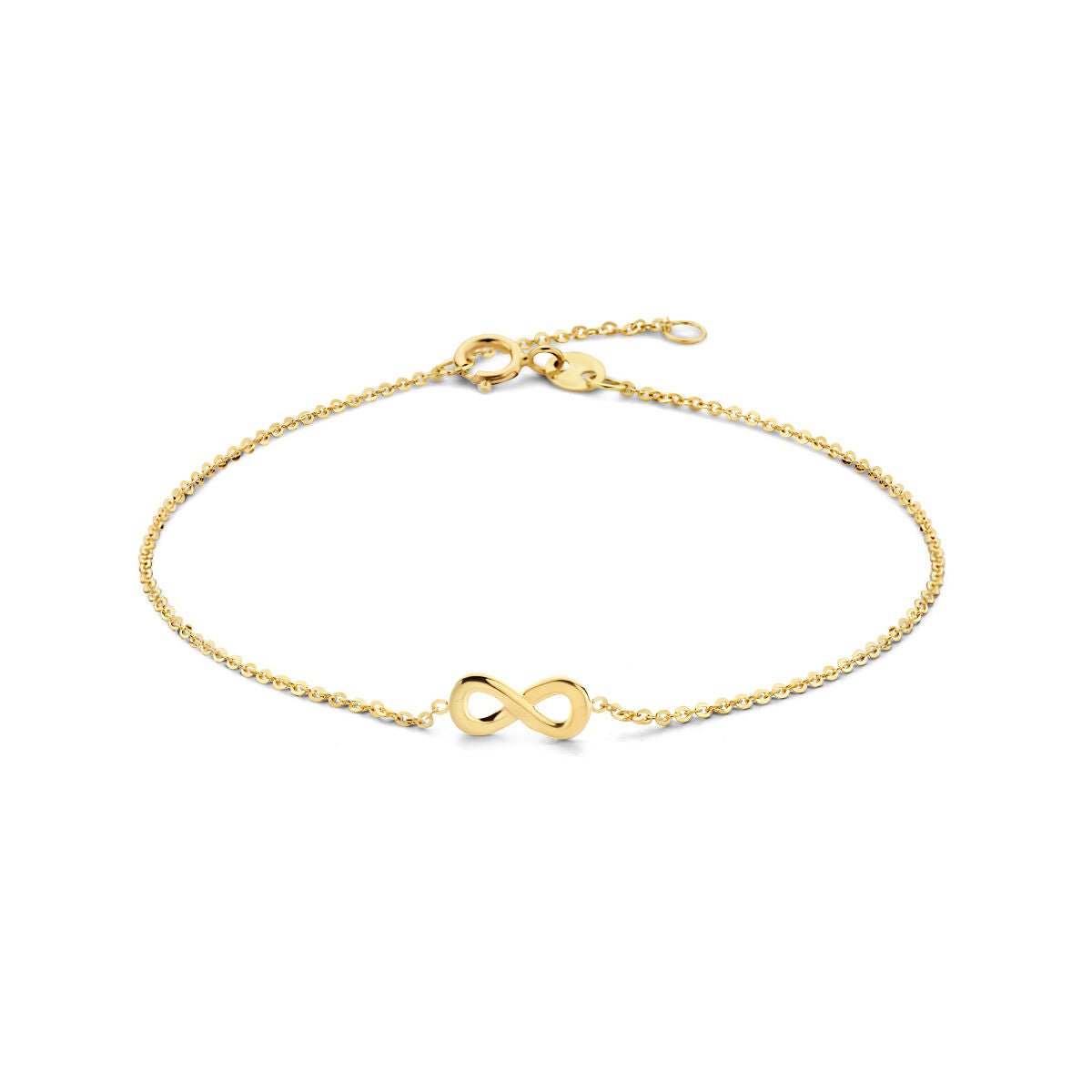 Gouden 14K armband met infinity-symbool en fijne schakelketting.