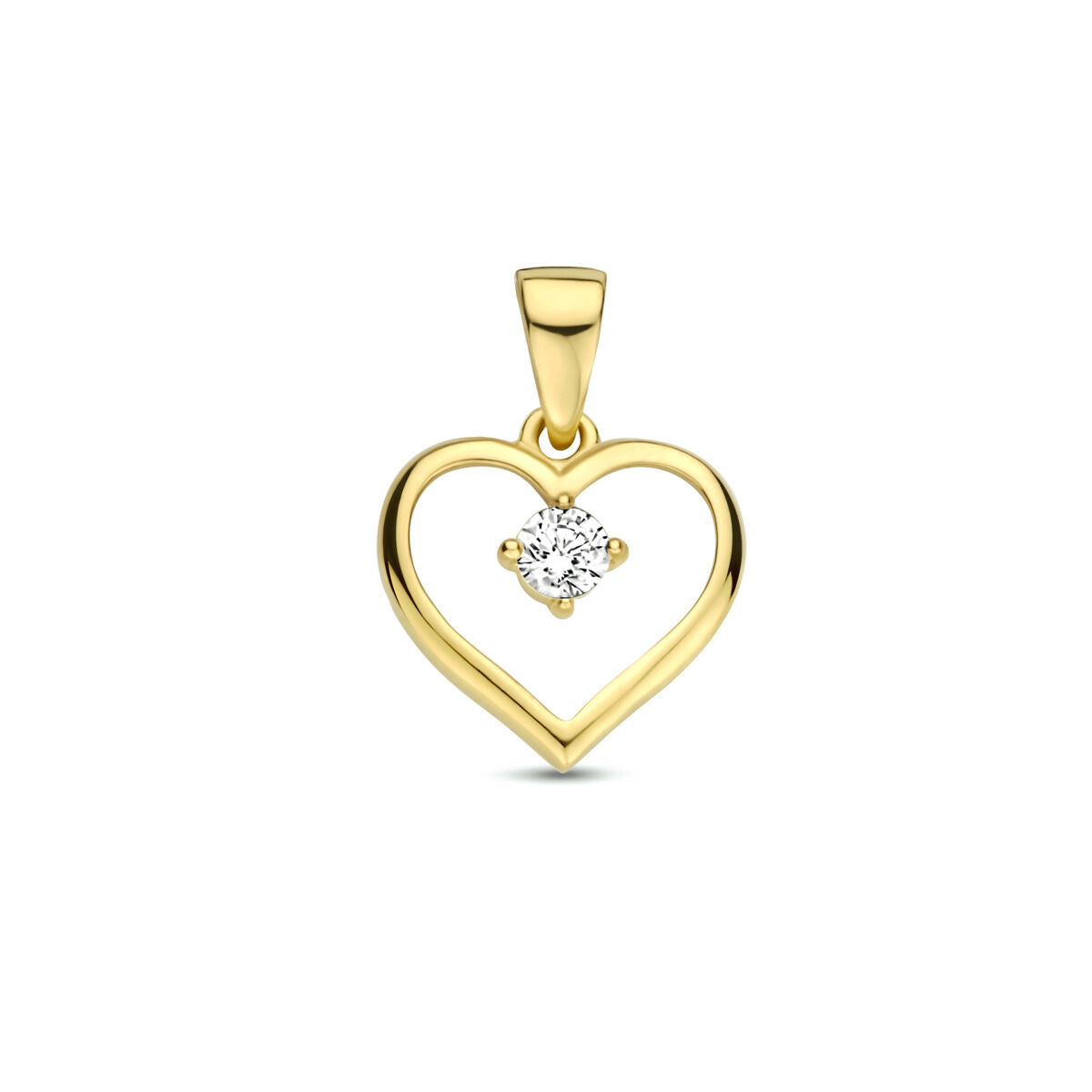 Hanger in de vorm van een hart van 14K geelgoud met een zirkonia in het midden.