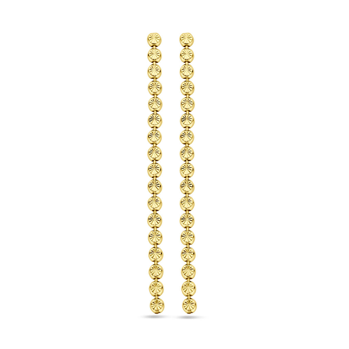 Gouden oorhangers met gediamanteerde schijven, 55 mm lang, van 1 micron zilver verguld.