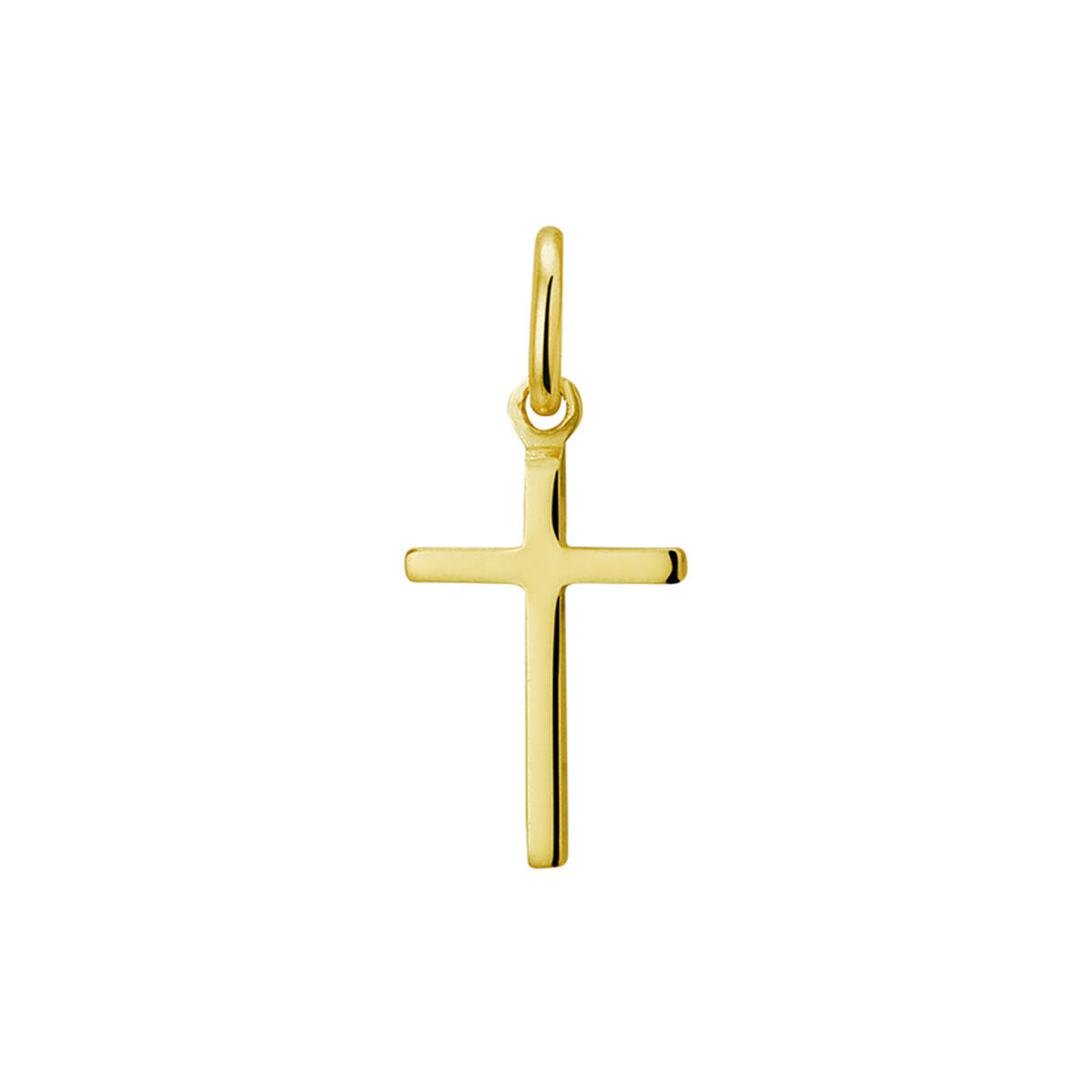De hanger kruis 3 micron zilver verguld (geel) van Van der Kooij Collectie is een strakke unisex kruishanger met gladde randen en een kleine toplus, afgebeeld op een effen witte achtergrond.