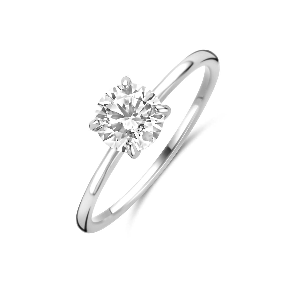 Zilveren ring van gerhodineerd 925 zilver met een ronde zirkonia in een vierkante zetting.