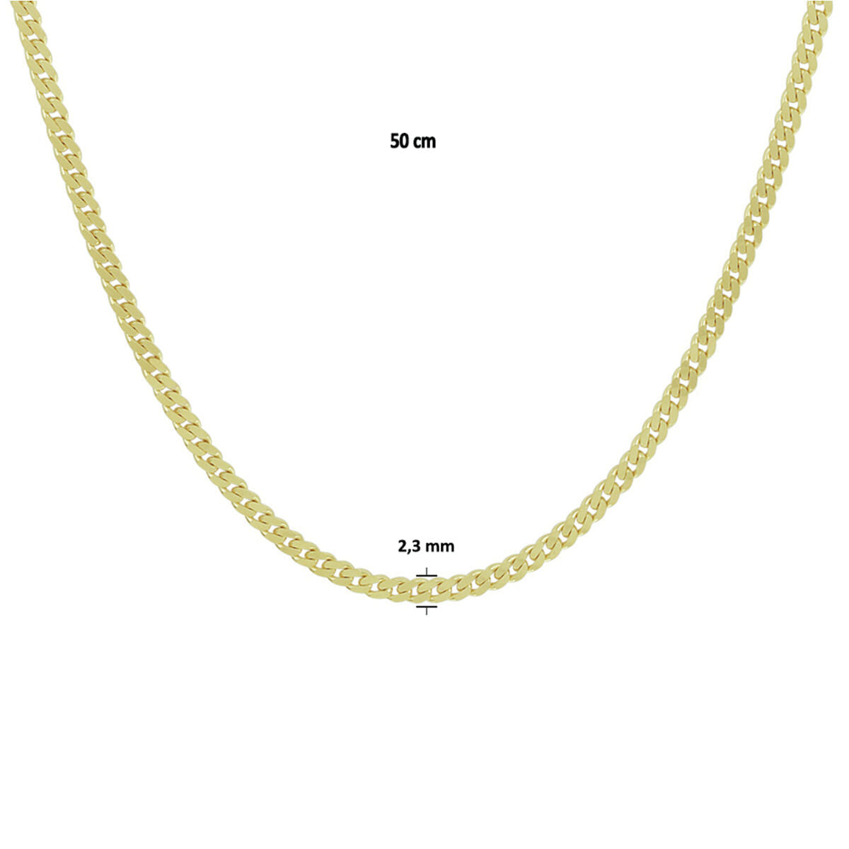 Massieve 14K geelgouden gourmette ketting, 2,4 mm breed en 50 cm lang, uit de Van der Kooij Collectie. Gepresenteerd op een witte achtergrond met maatlabels boven en onder de ketting.