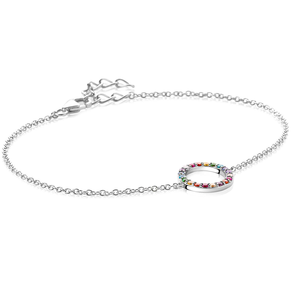 Zilveren armband met een kleurrijke cirkel van steentjes, verstelbaar van 17 tot 20 cm.