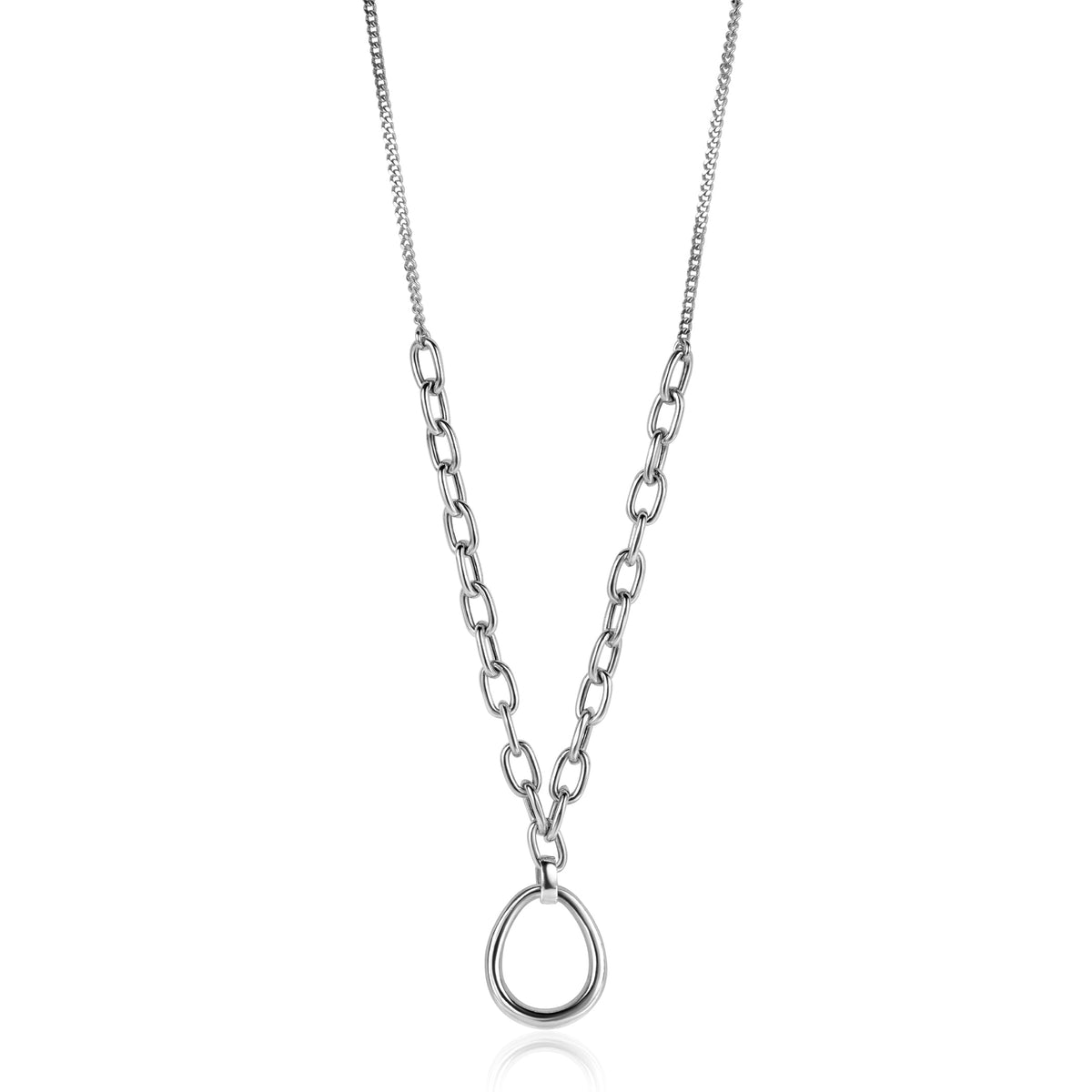 Zilveren ketting met een combinatie van een fijne en een schakelketting, met een druppelvormige hanger.