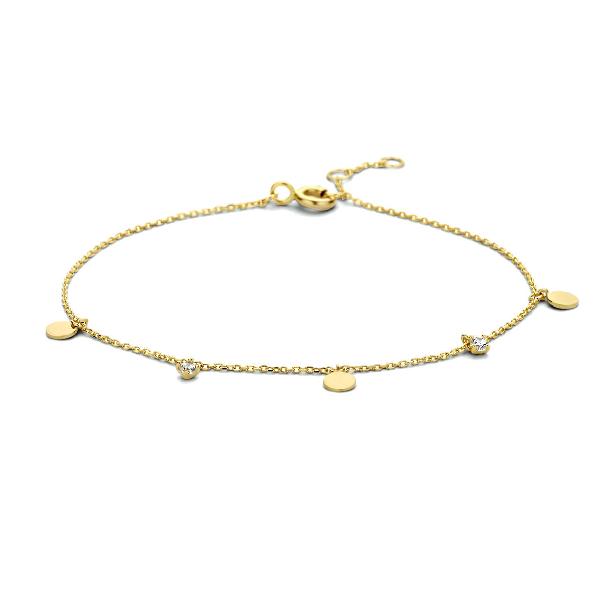 Gouden armband met ronde schijven en zirkonia, 14K, fijne schakels.