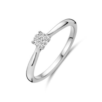 De Van der Kooij Collectie ring met lab-grown diamant 0,25ct H SI 14K witgoud heeft een enkele ronde lab-grown diamant solitaire in een zetting met vier pootjes, afgebeeld op een effen witte achtergrond.