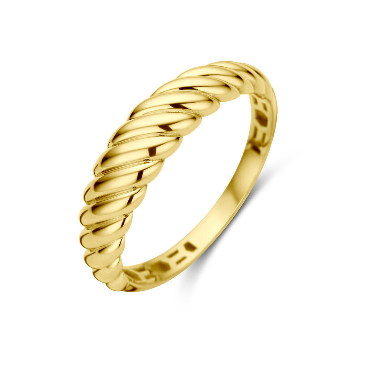 De Van der Kooij Collectie ring gedraaid 14K geelgoud heeft een gedraaid touw ontwerp aan de buitenkant, tegen een effen witte achtergrond.