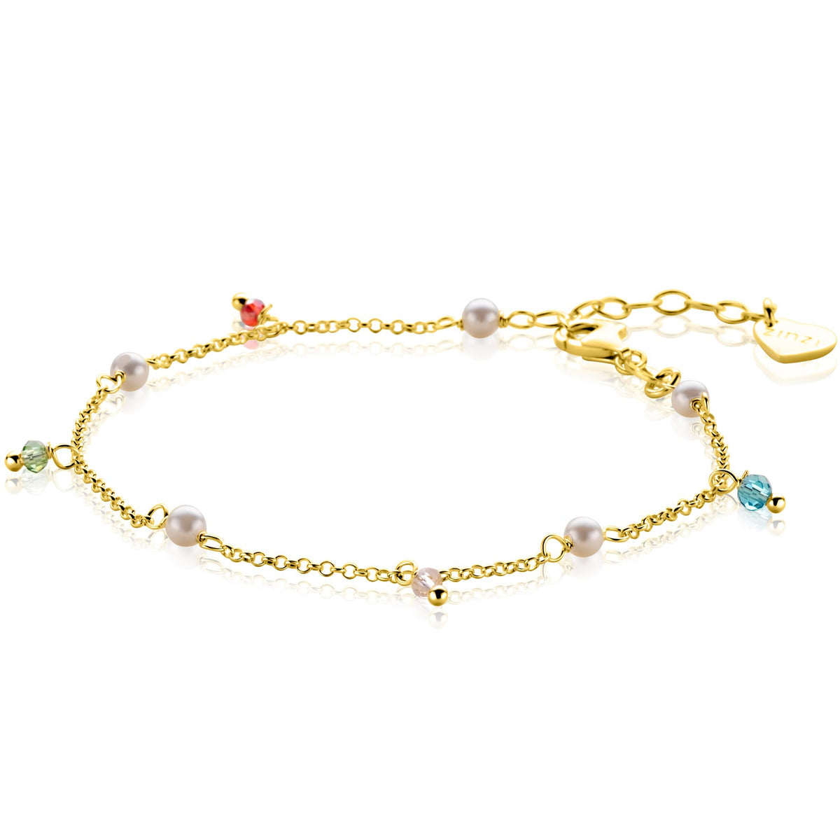 Gouden armband met parel- en kleurige steentjes, fijne schakels en een verlengketting.