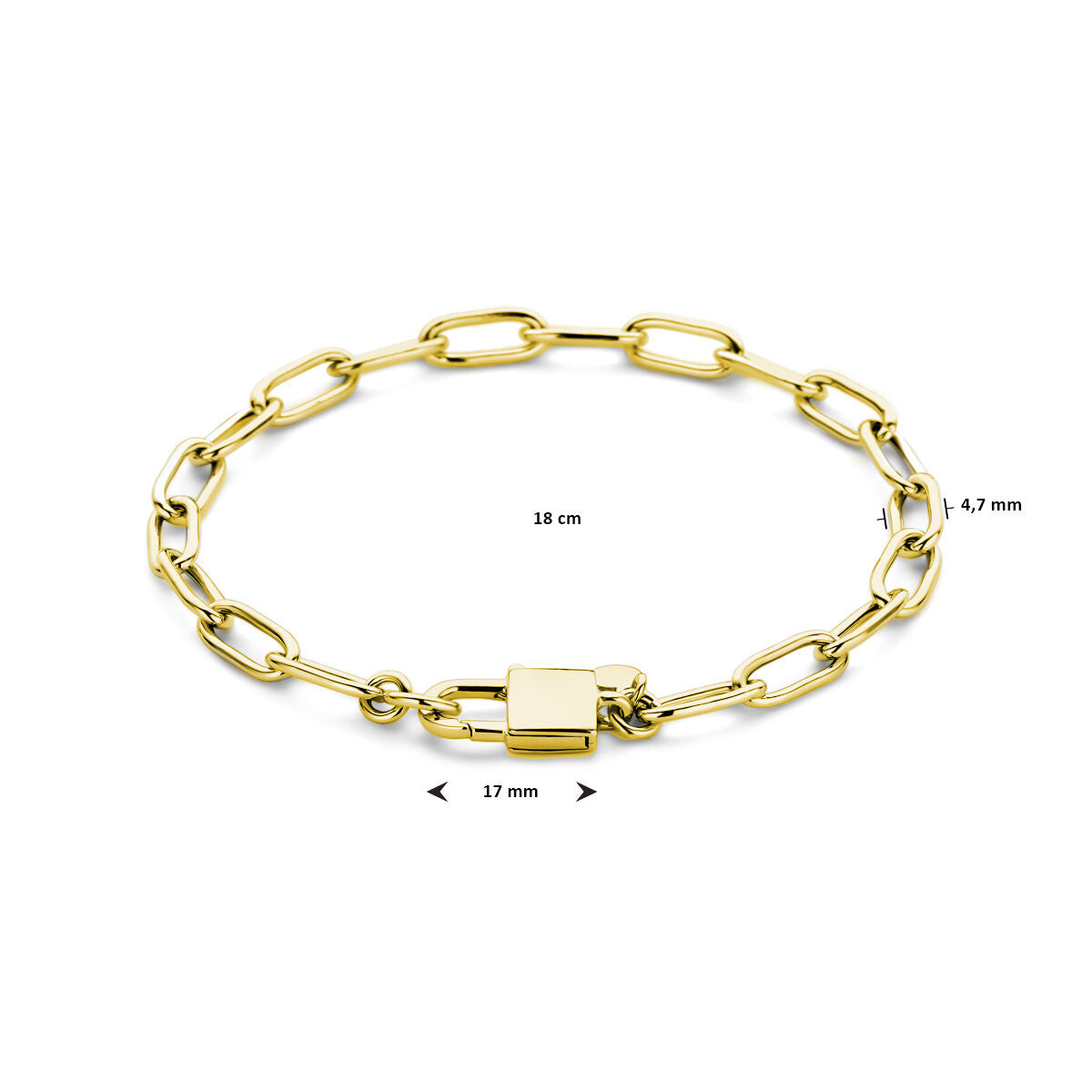De Van der Kooij Collectie armband paperclip en slot 18 cm is een 3 micron geel verguld zilveren damesarmband met langwerpige ovale paperclip schakels, rechthoekige sluiting (17 mm), 4,7 mm breed, op een witte achtergrond.