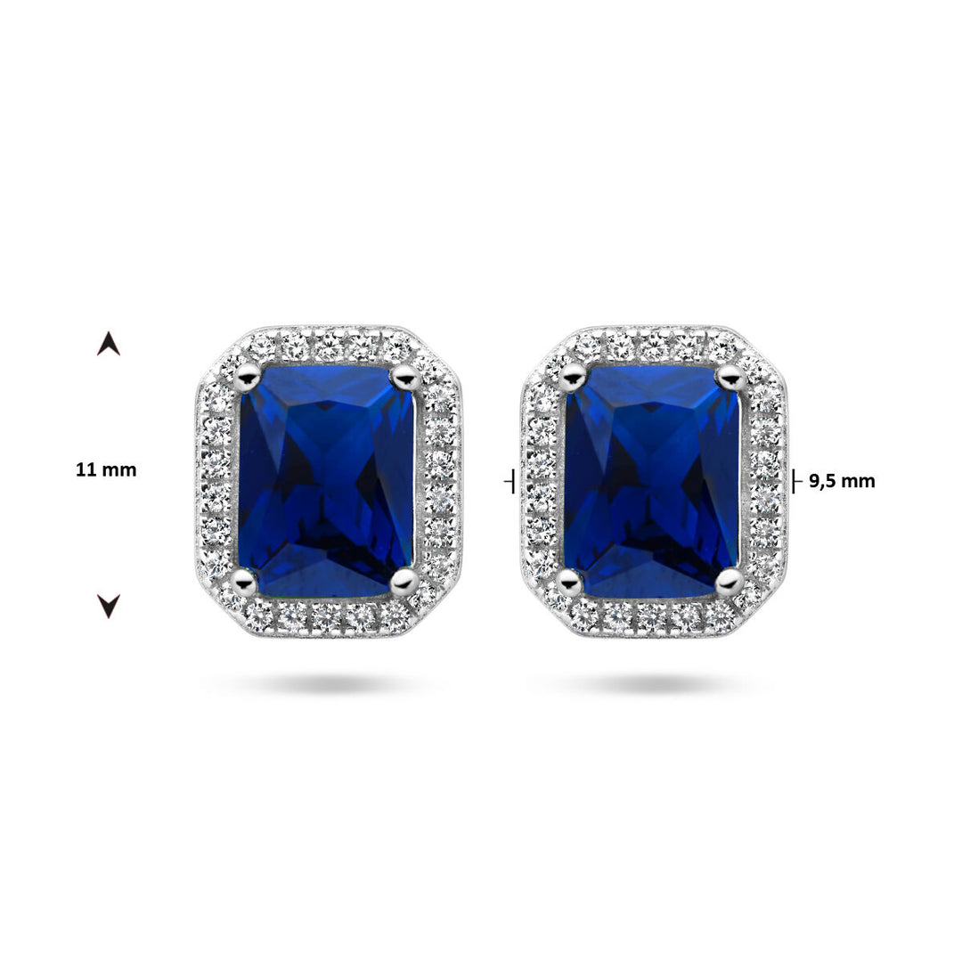 ear studs blue and white zirconia halo silver rhodium plated