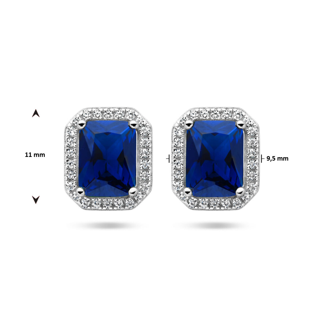 oorknoppen blauw en wit zirkonia halo zilver gerhodineerd