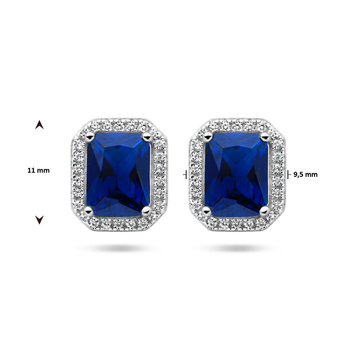 ear studs blue and white zirconia halo silver rhodium plated