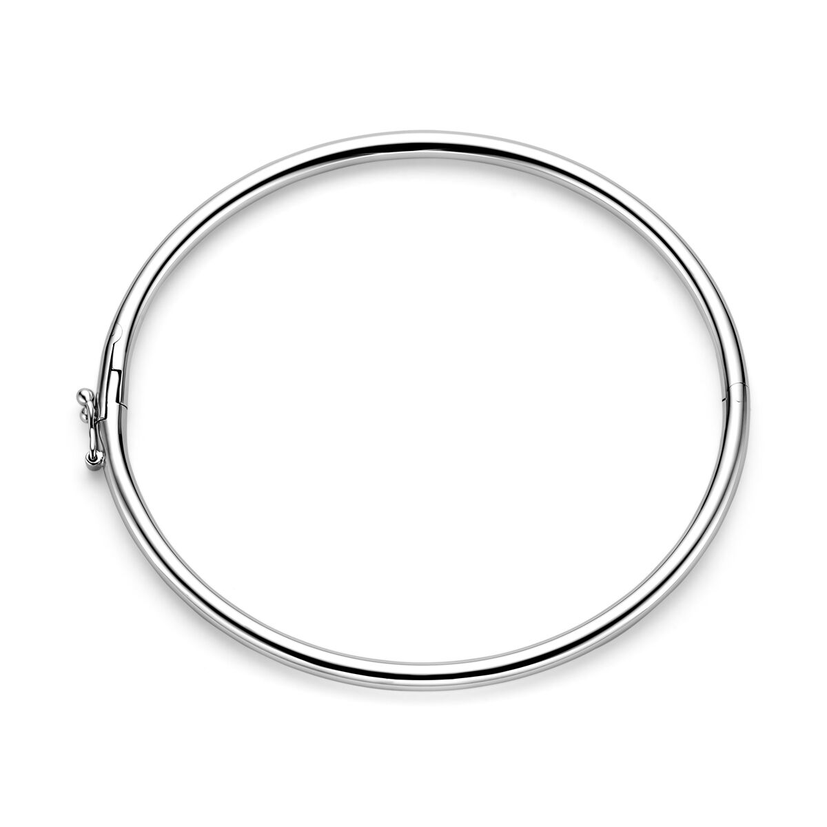 Een strakke, gepolijste armband scharnier ronde buis 3 x 60 mm in gerhodineerd zilver uit de Van der Kooij Collectie, met een gladde ronde vorm en eenvoudige sluiting, afgebeeld op een witte achtergrond.