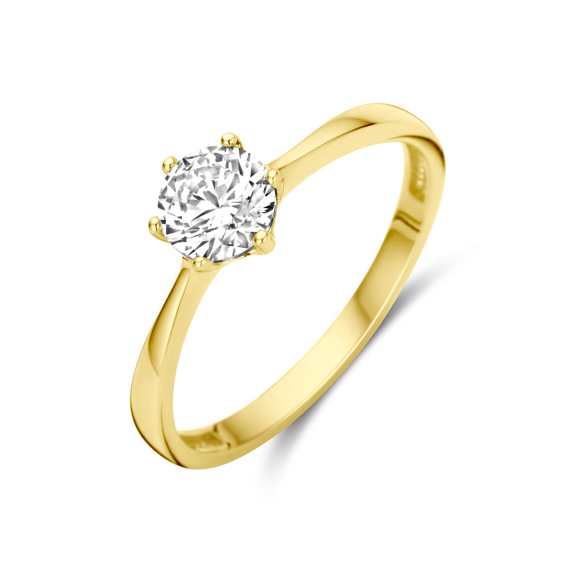 Ring van 14K geelgoud met een ronde zirkonia in een vier-punt zetting.