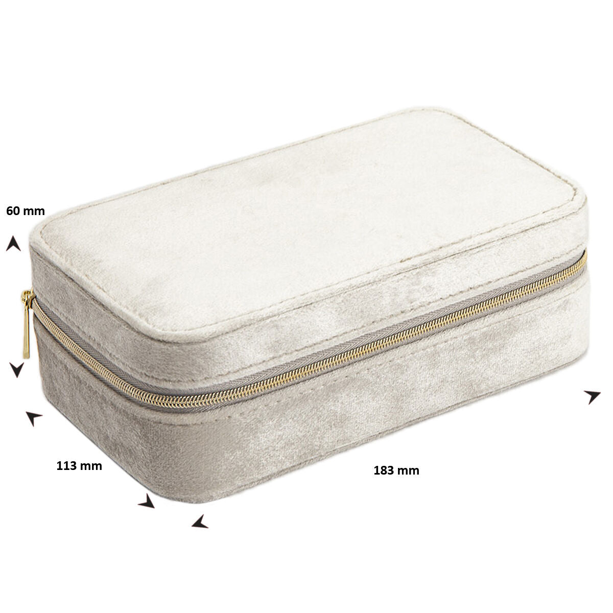 De Van der Kooij Collectie sieradenbox creme toebehoren is een rechthoekig koffertje in creme met een beige rits, zachte stoffen textuur en een afmeting van 183 × 113 × 60 mm. De rits loopt langs de bovenrand voor een veilige sluiting.