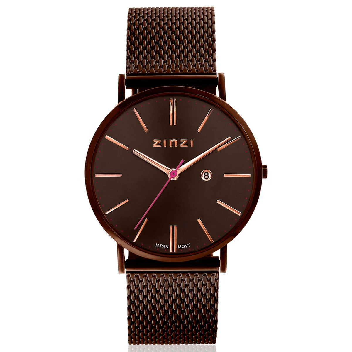 Bruin horloge van staal met een mesh-band, ronde wijzerplaat en roze gouden details.