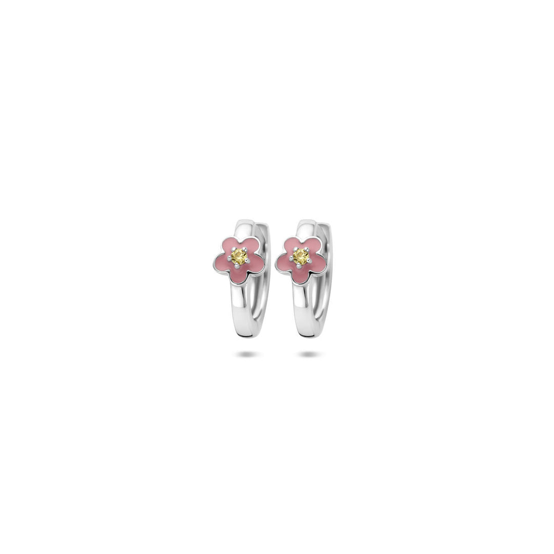 Zilveren klapoorringen met emaille bloem en gele zirkonia – 12 x 4.5 mm