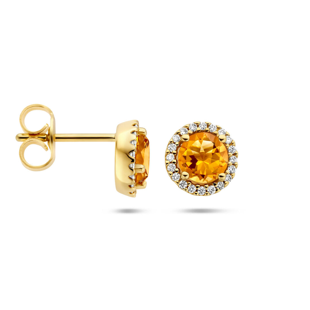 ear studs citrine and diamond 0.11ct (2x0.055ct) h si halo 14K yellow gold