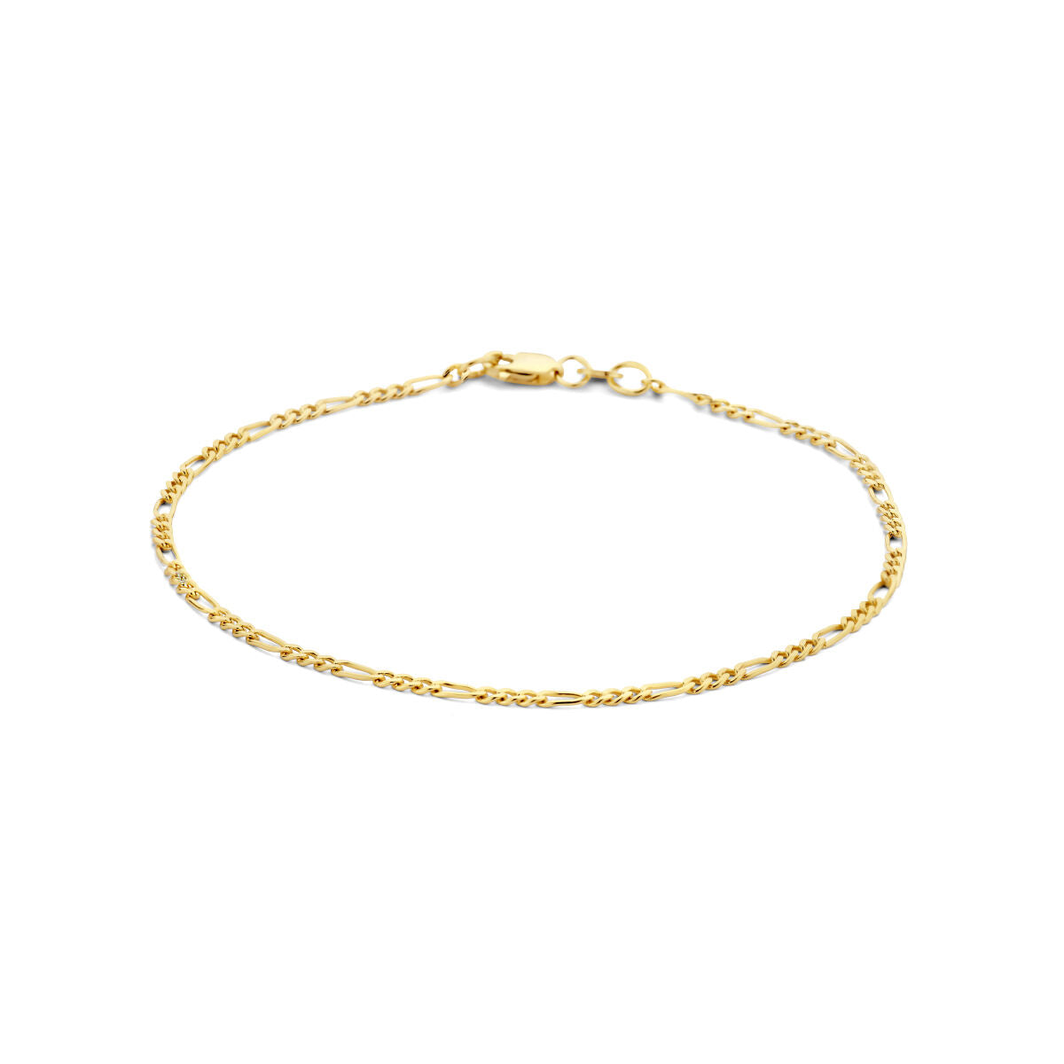 Van der Kooij Collectie armband figaro 1,8 mm in 14K geelgoud met een fijne, gedraaide schakel en karabijnsluiting, getoond op een witte achtergrond.