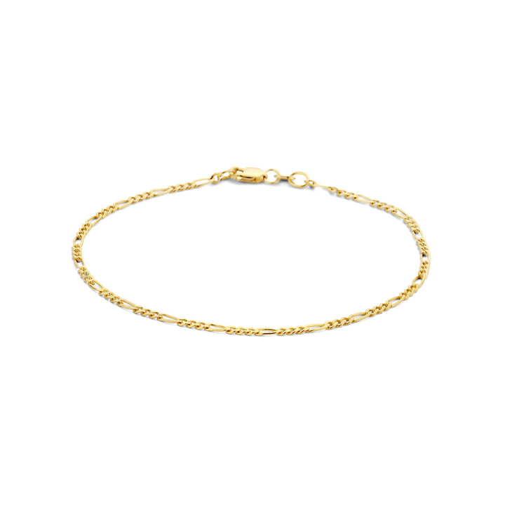 Van der Kooij Collectie armband figaro 1,8 mm in 14K geelgoud met een fijne, gedraaide schakel en karabijnsluiting, getoond op een witte achtergrond.
