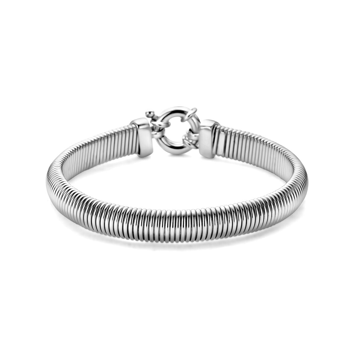 Zilveren gerhodineerde armband voor dames met een groot springslot en een golvende structuur.