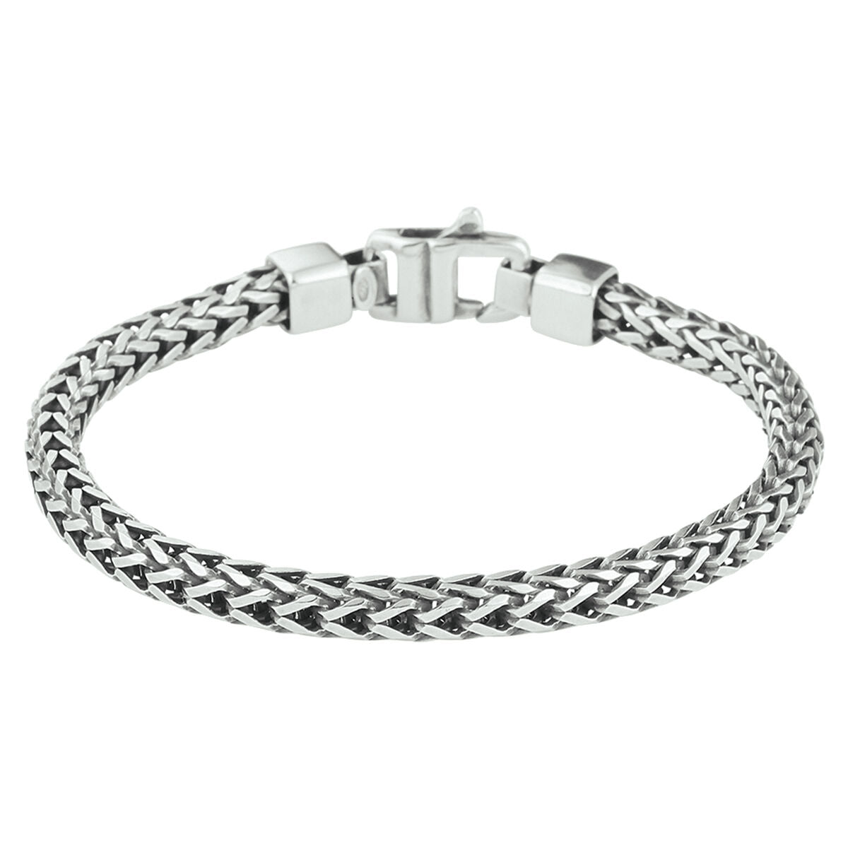 Zilveren armband met geoxideerde vossestaart vlecht, 4,5 mm breed, met een stevige sluiting.