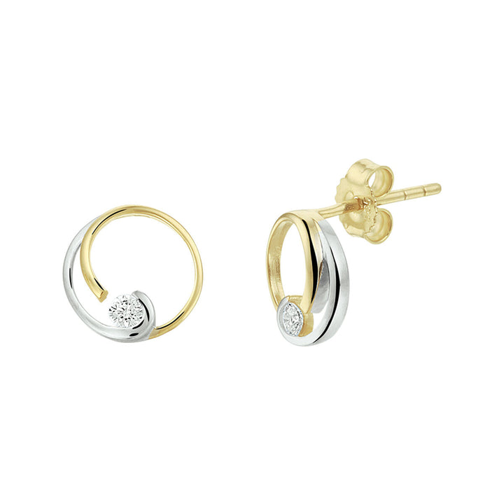 ear studs round zirconia bicolor stamped 14K yellow gold