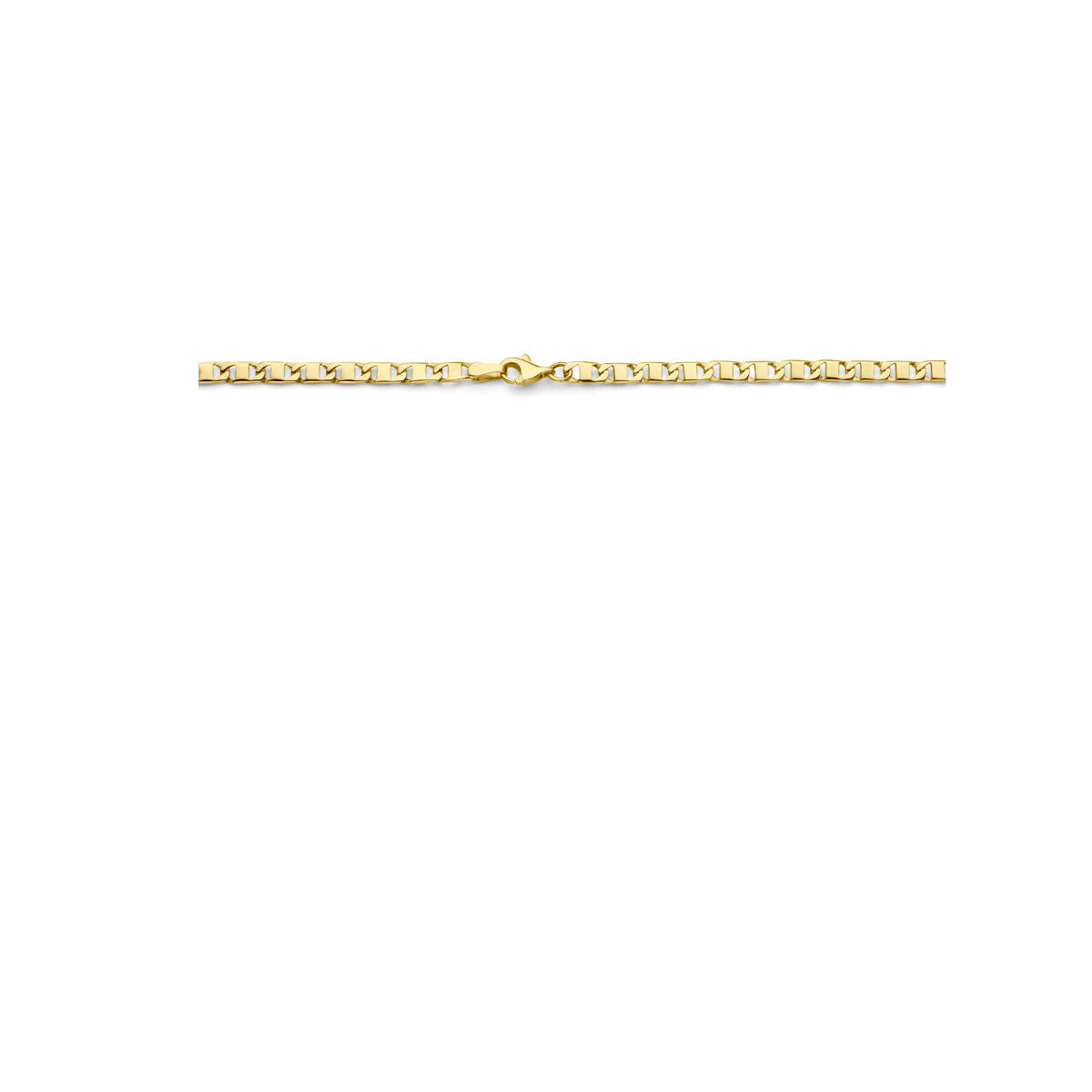 Een 14K gouden herenketting (Gouden ketting heren - collier 3,5 mm) van Van der Kooij Collectie, met rechthoekige schakels en een karabijnsluiting, wordt horizontaal op een witte achtergrond weergegeven - ideaal om te stapelen met andere herensieraden.