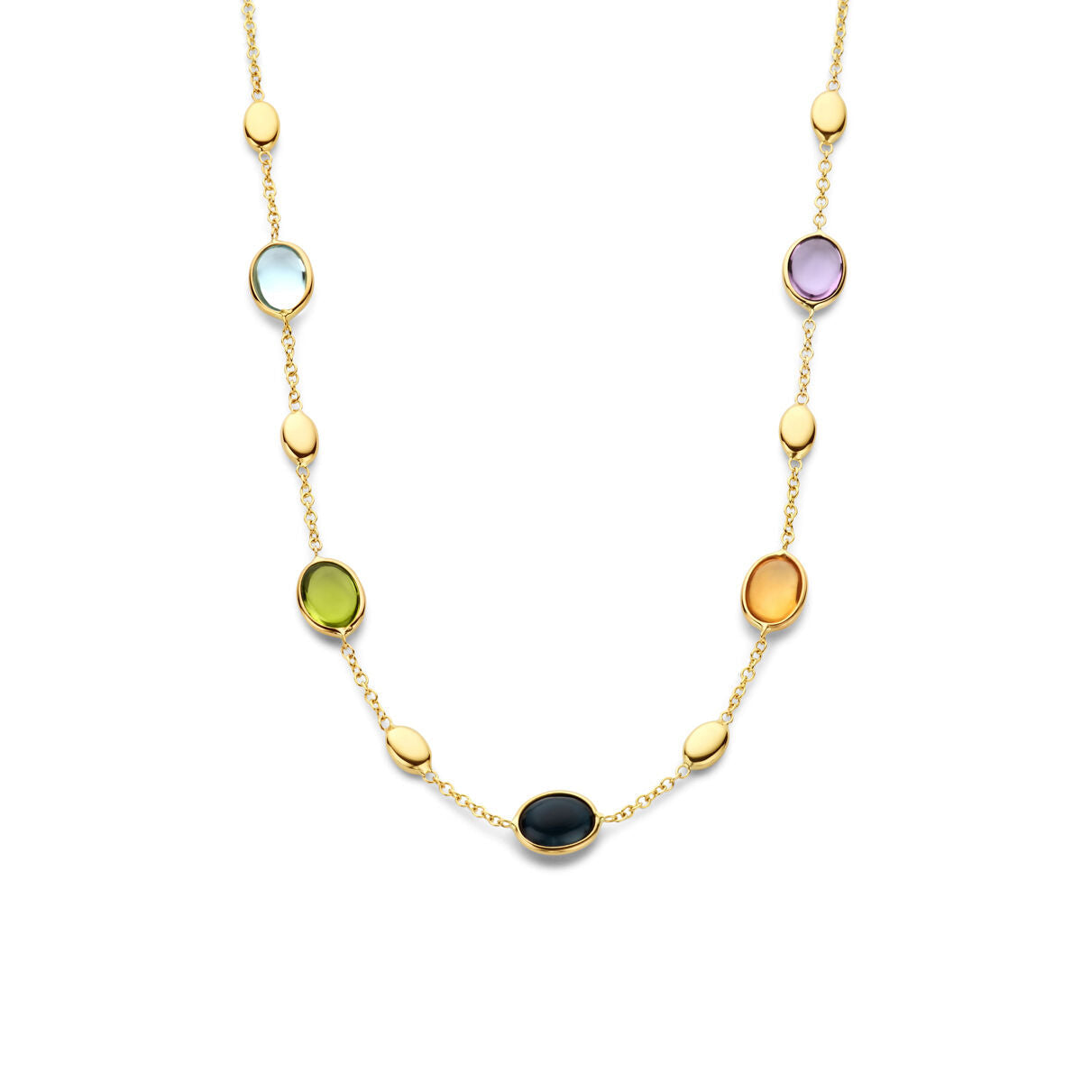 De Gouden dames ketting natuurlijke kleurstenen 14K van Van der Kooij Collectie is een luxe collier met afwisselend ovale, kleurrijke edelstenen en goud, gelijkmatig verdeeld over de schakelketting, getoond op een witte achtergrond.