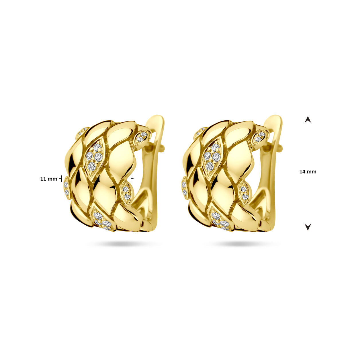 klapoorringen diamant 0.16ct (2x 0.08ct) h si 14 mm 14K geelgoud