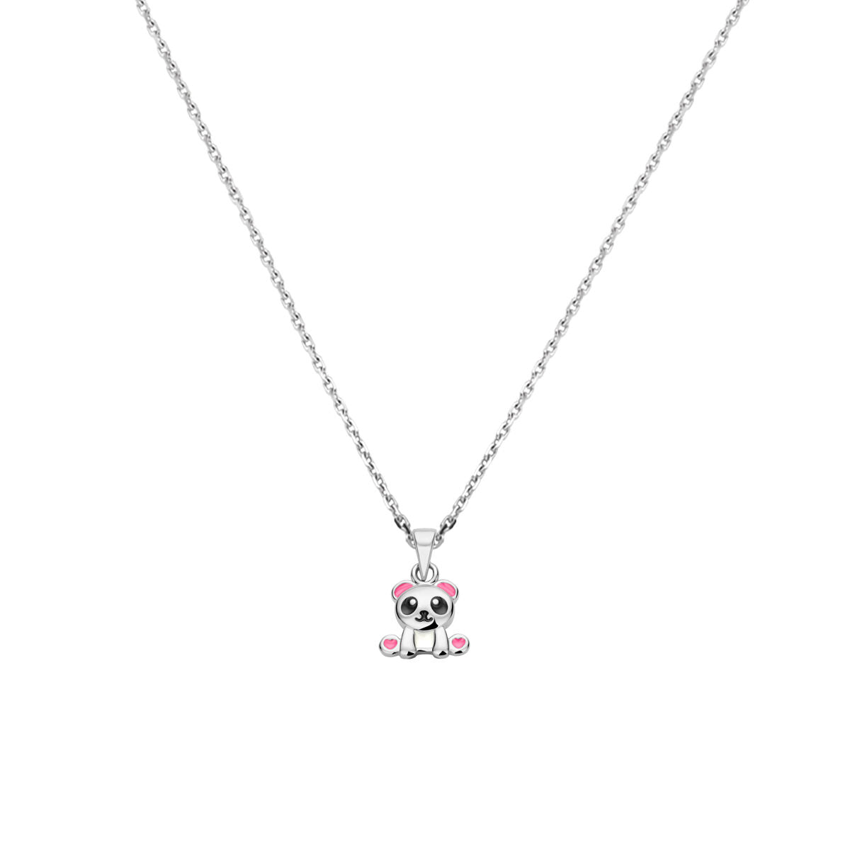Zilveren gerhodineerd collier met een panda-hanger en roze details, lengte 36 + 4 cm.