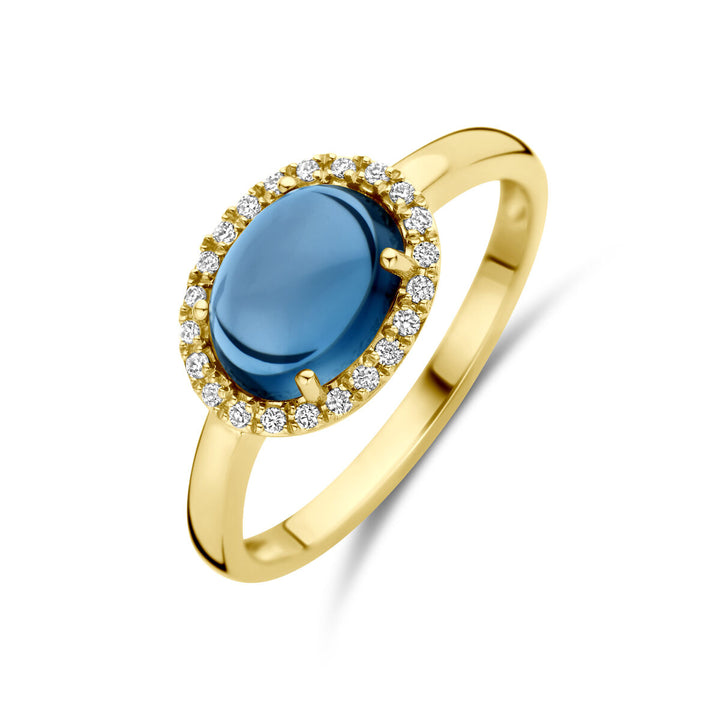 ring london blue topaas en diamant 0.09ct h si halo 14K geelgoud