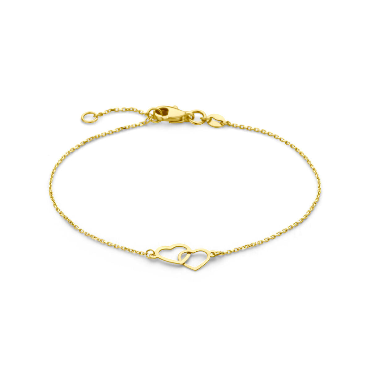 De Gouden armband dames hartjes 14K van Van der Kooij Collectie heeft een fijne ketting met twee open hartjes en verstelbare sluiting-een ideaal cadeau voor Valentijnsdag.