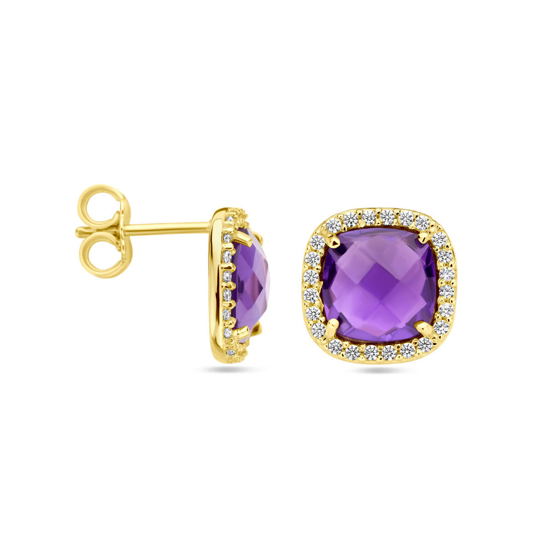 ear studs amethyst and zirconia halo 14K yellow gold