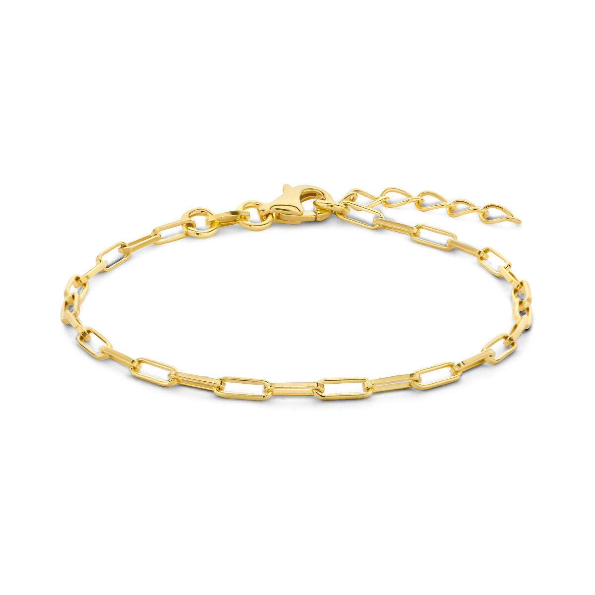 Armband in geel verguld zilver met paperclip design en vierkante buizen van 2,3 mm, verstelbaar van 15,5 tot 18 cm.