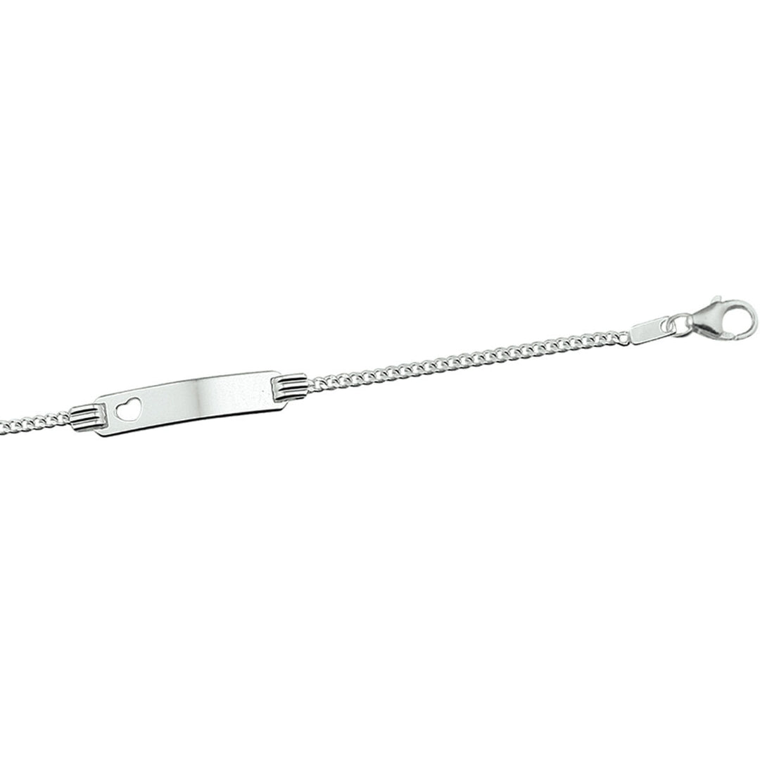Zilveren gerhodineerde graveerarmband met een gourmet schakel en een hartvormige plaat, 4,8 mm breed, 13-15 cm lang.