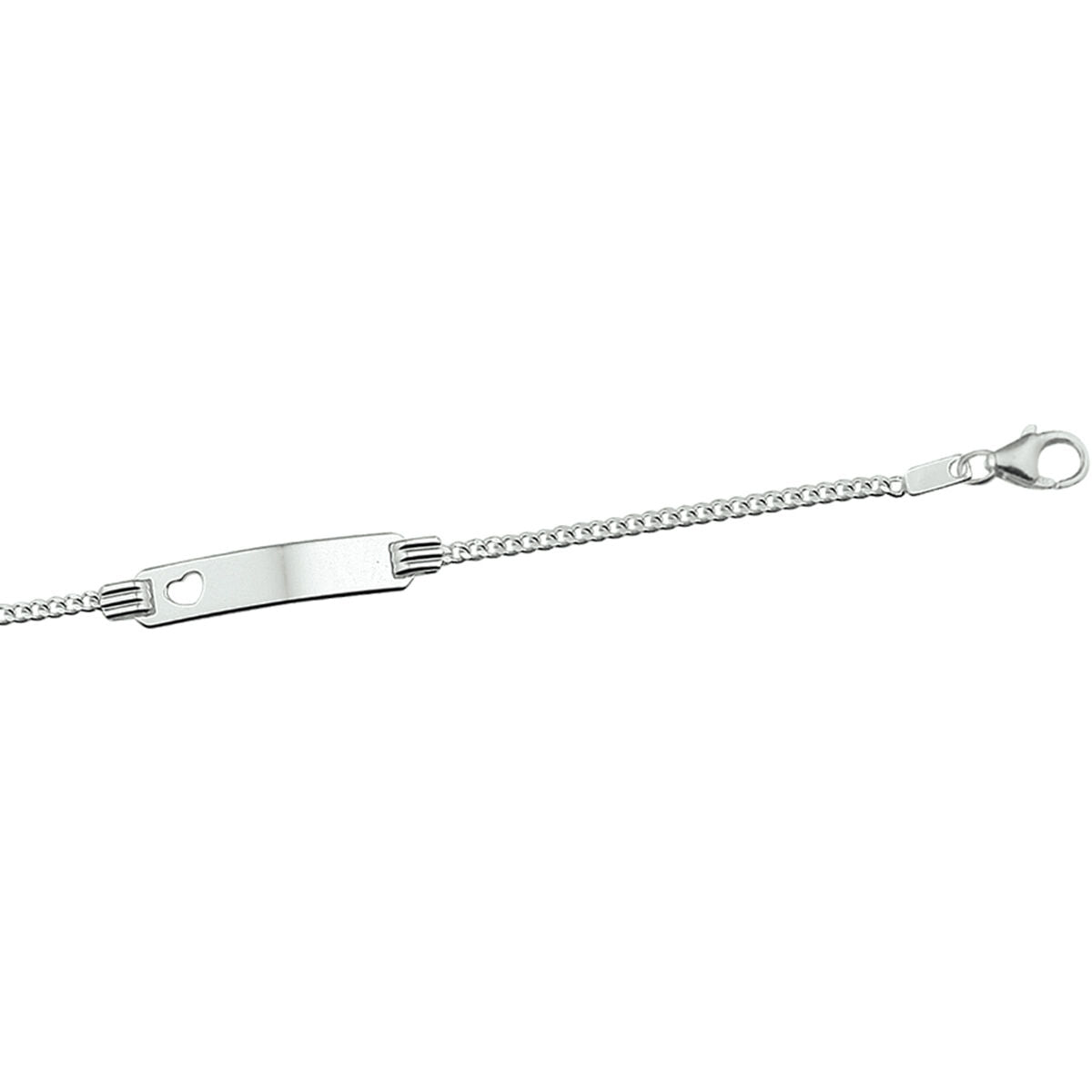 Zilveren gerhodineerde graveerarmband met een gourmet schakel en een hartvormige plaat, 4,8 mm breed, 13-15 cm lang.