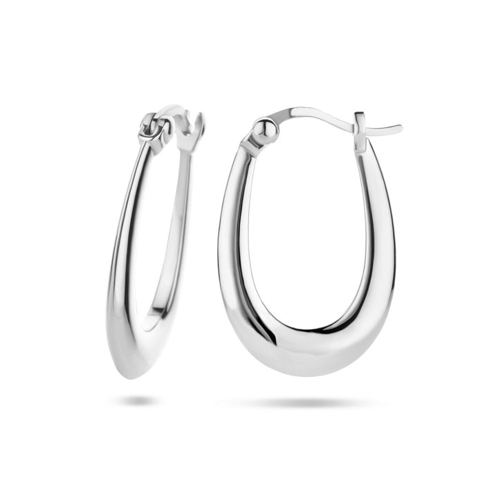Een paar oorringen zilver gerhodineerd van Van der Kooij Collectie met scharniersluiting, afgebeeld op een witte achtergrond - ideaal voor dames die tijdloze elegantie waarderen.