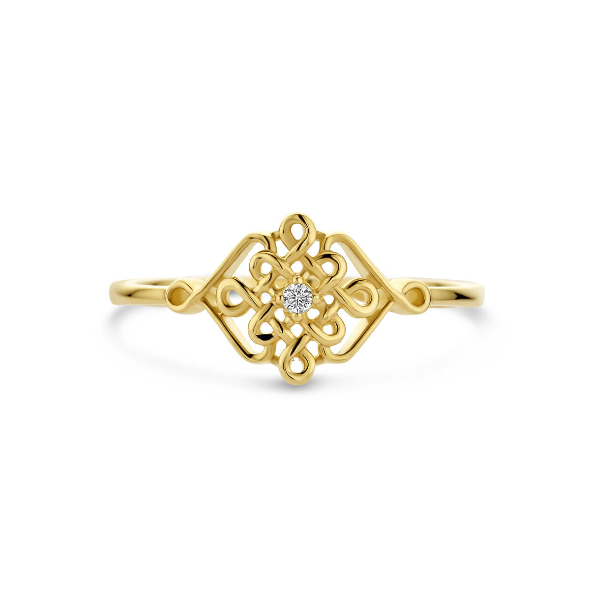 De Van der Kooij Collectie ring zirkonia 14K geelgoud heeft een delicaat roosterontwerp met wervelende patronen en een centrale ronde zirkonia, ideaal voor wie van elegante damesringen houdt.