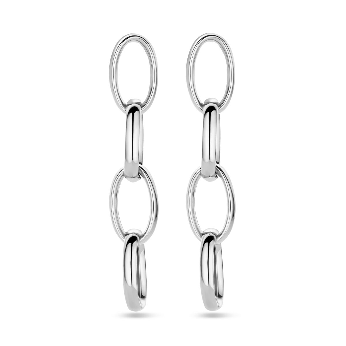 Zilveren gerhodineerde oorhangers met schakels van 50 mm in een moderne, minimalistische stijl.