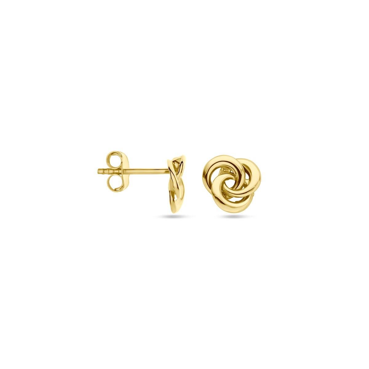 Van der Kooij Collectie oorknoppen 7 mm in 14K geelgoud met knoopdesign en vlindersluiting, weergegeven op een witte achtergrond. Eén oorbel is frontaal zichtbaar, de andere van opzij voor een tijdloze uitstraling.