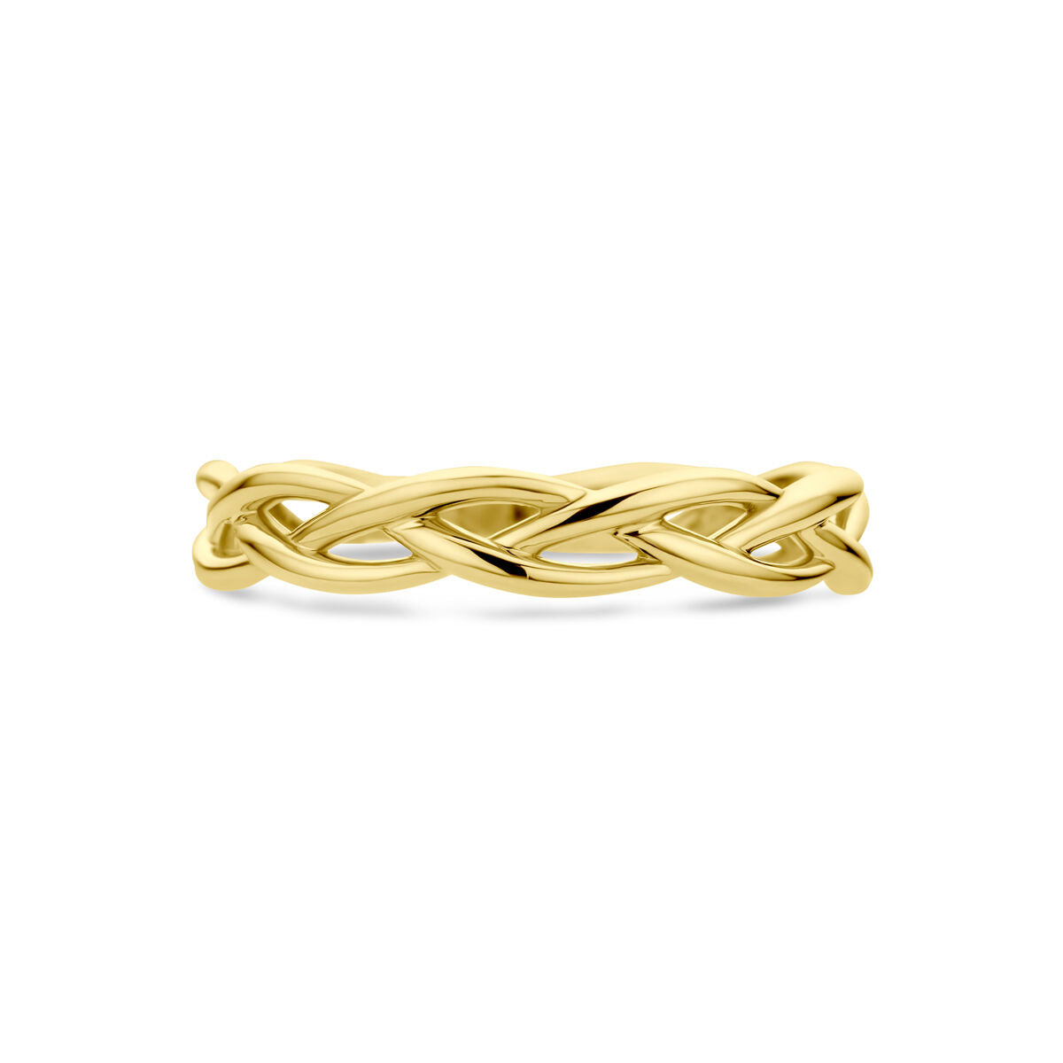 De ring gevlochten 14K geelgoud uit de Van der Kooij Collectie heeft een elegante, gevlochten structuur die tijdloze elegantie uitstraalt en wordt getoond tegen een eenvoudige witte achtergrond.
