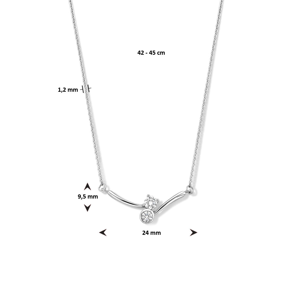 collier tussenstuk zirkonia 42 - 45 cm zilver gerhodineerd