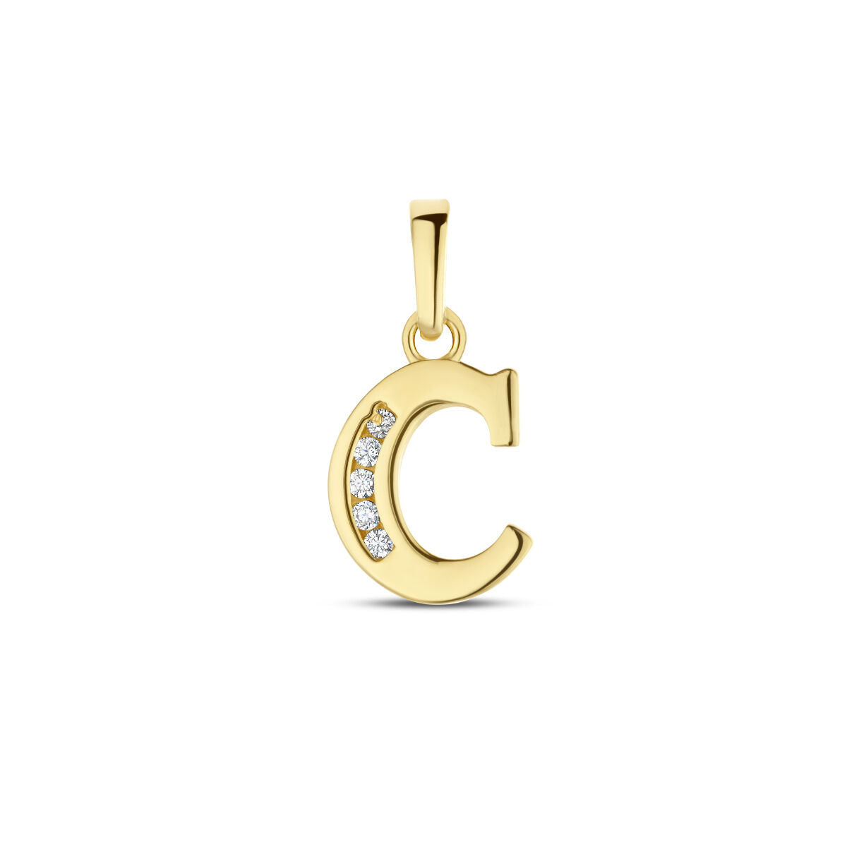 Een 14K geelgouden hanger letter zirkonia van Van der Kooij Collectie in de vorm van een C, met vijf ronde witte zirkonia's langs de binnenste curve, getoond op een effen witte achtergrond.