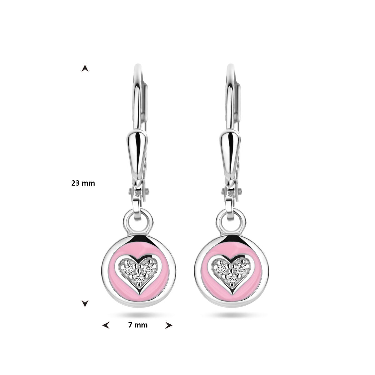 earrings heart zirconia and pink enamel brisur hook silver rhodium plated
