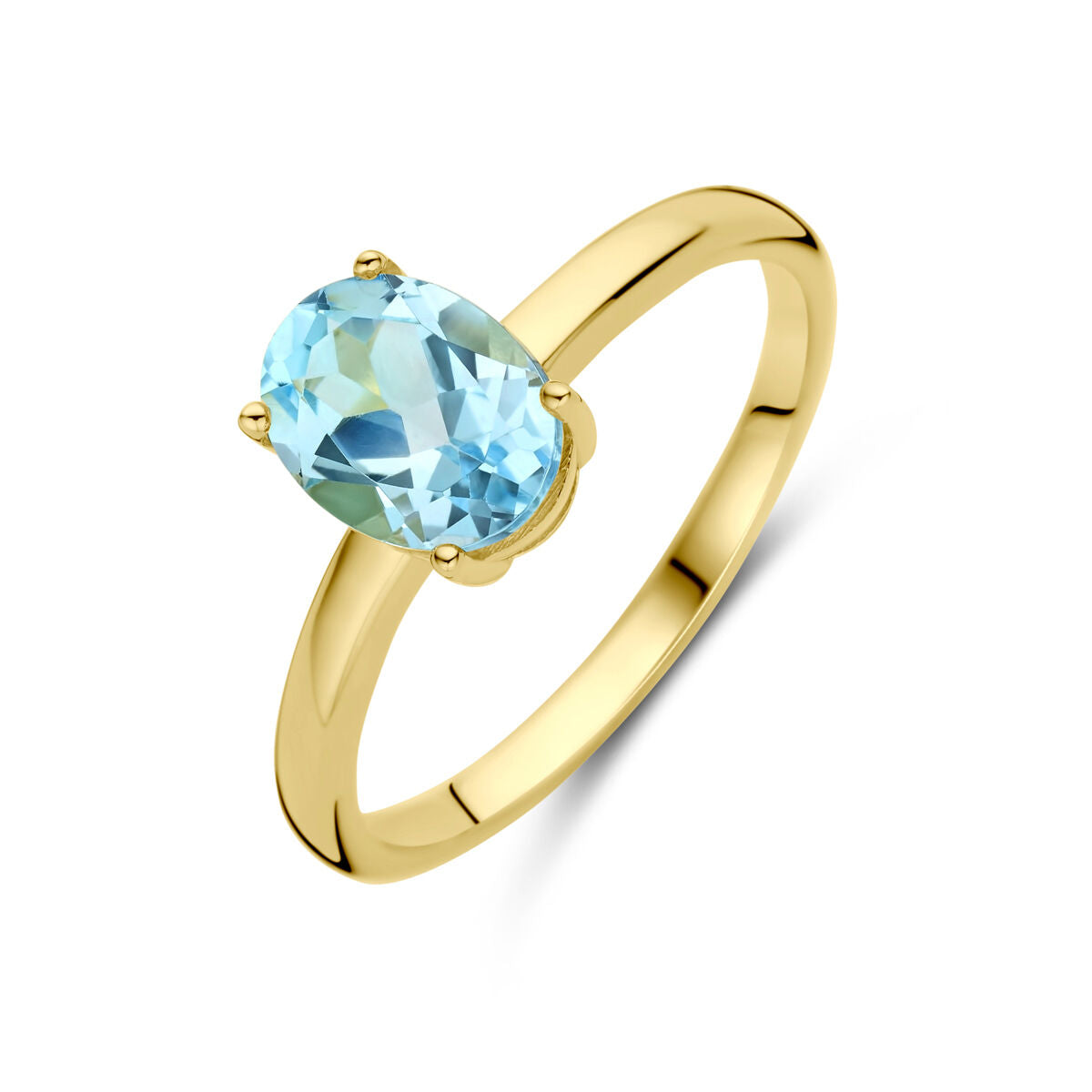 Geelgouden ring met een ovale blauwe topaas, 14K, met een gladde band.
