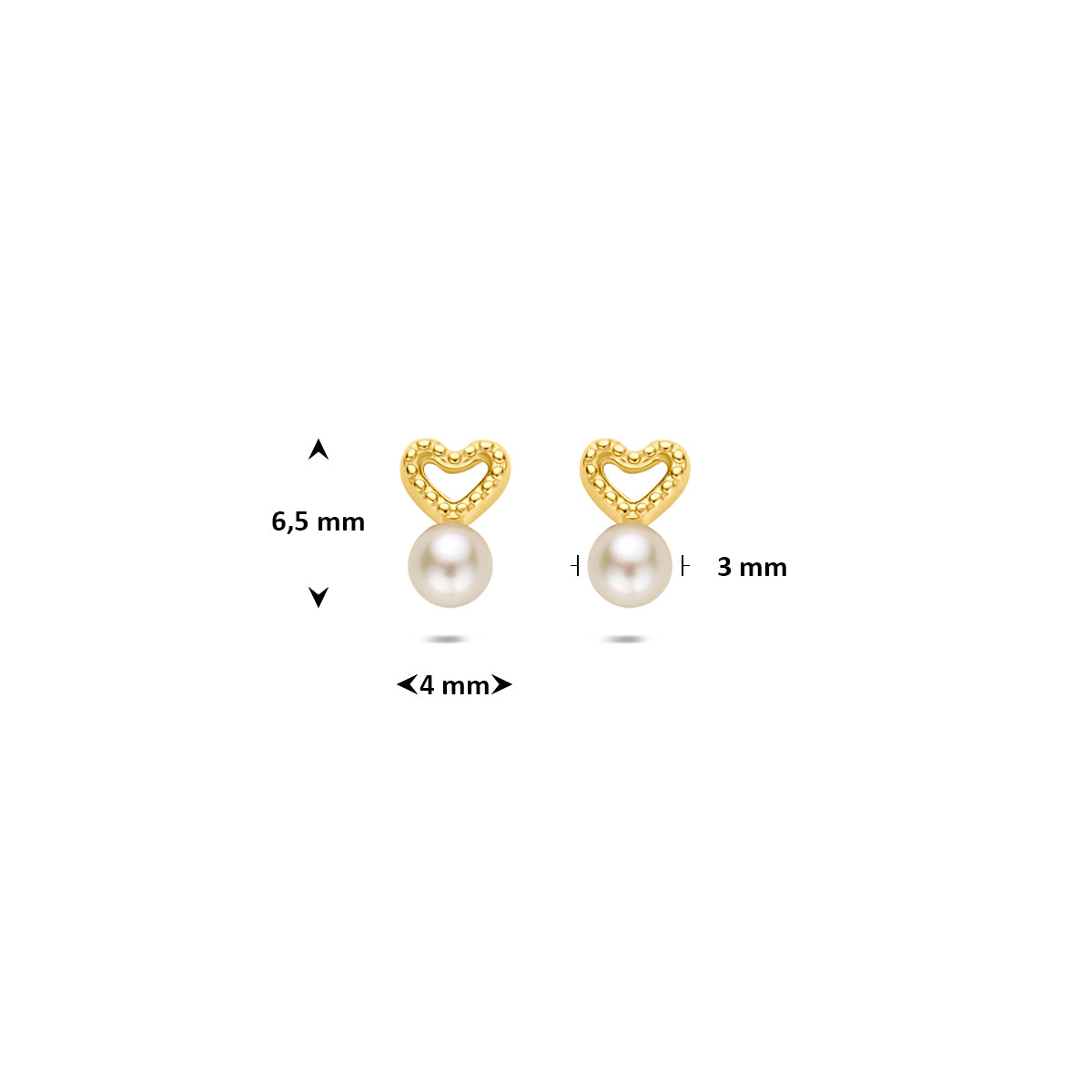 9k oorknoppen hartje en parel 6,5 mm 9K geel