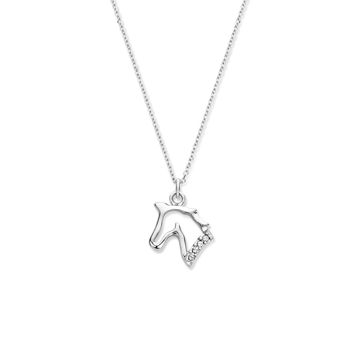 Zilveren collier met gerhodineerde paardensilhouet hanger, lengte 36 + 3 cm.