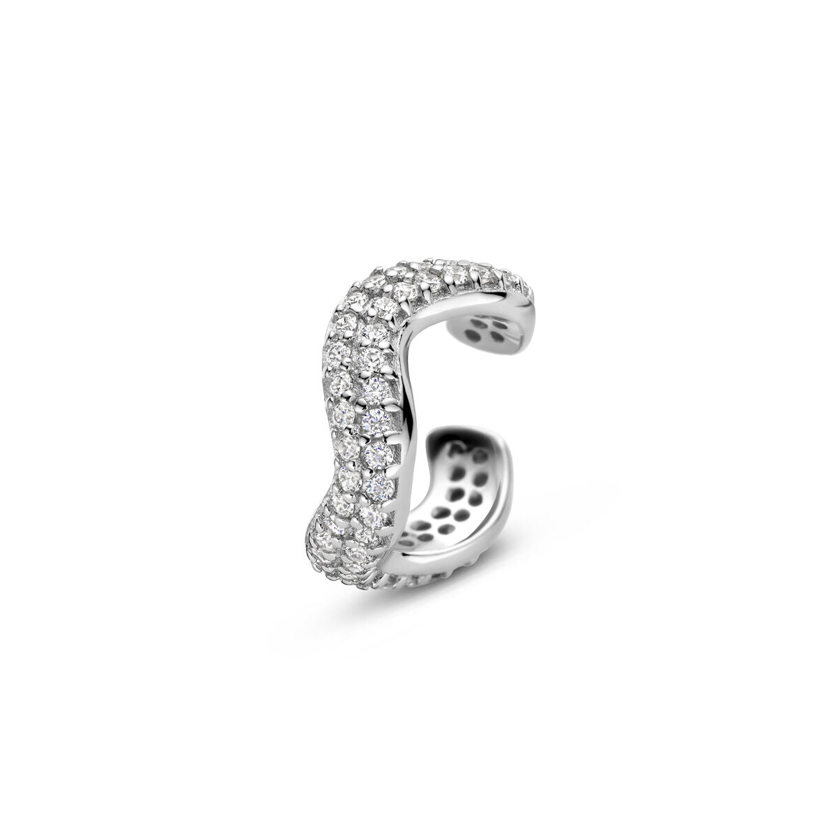 Zilveren ear cuff met golvende vorm, bezet met pavé zirkonia, 925 gerhodineerd.