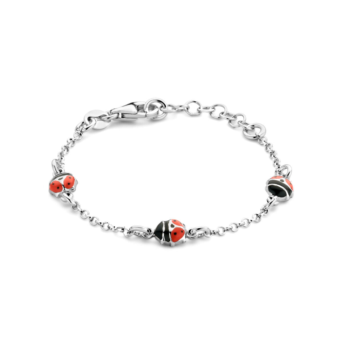 Zilveren gerhodineerde armband met lieveheersbeestjes in rood en zwart, verstelbaar van 11 tot 2 cm.